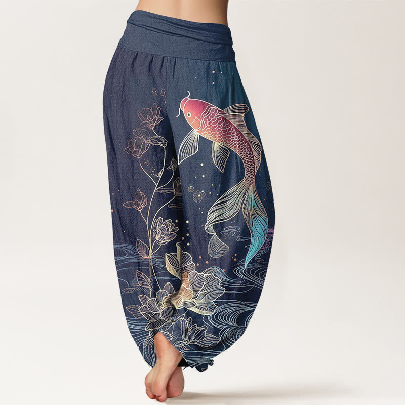 Buddha Stones 蓮の鯉レディース伸縮性ウエストピュアコットンハーレムパンツ - image 1