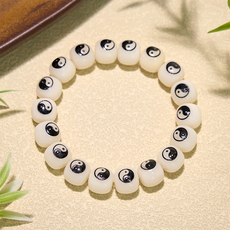 Buddha Stones ホワイト菩提樹の種入り陰陽平和ブレスレット - 八卦（バランス♥調和） - image 0