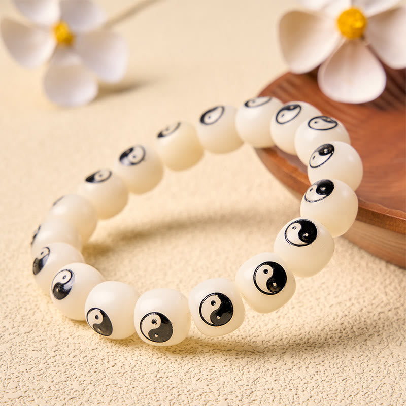 Buddha Stones ホワイト菩提樹の種入り陰陽平和ブレスレット - image 1