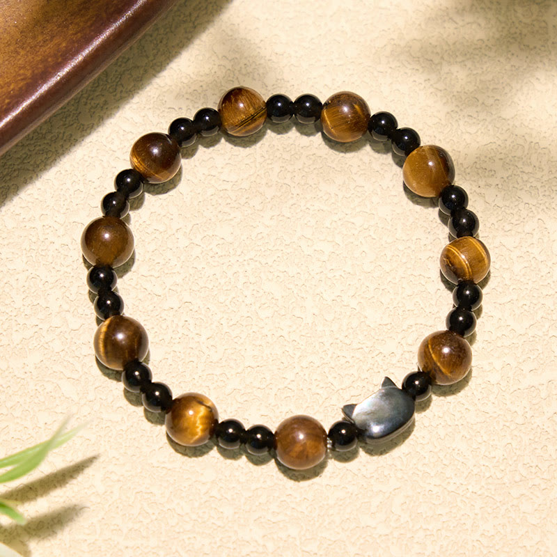 Buddha Stones イエロータイガーアイの猫チャーム付き自信ビーズブレスレット - image 1