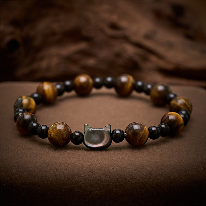Buddha Stones イエロータイガーアイの猫チャーム付き自信ビーズブレスレット - タイガーアイ（守護♥強さ）（手首周り：15～16cm） - image 0