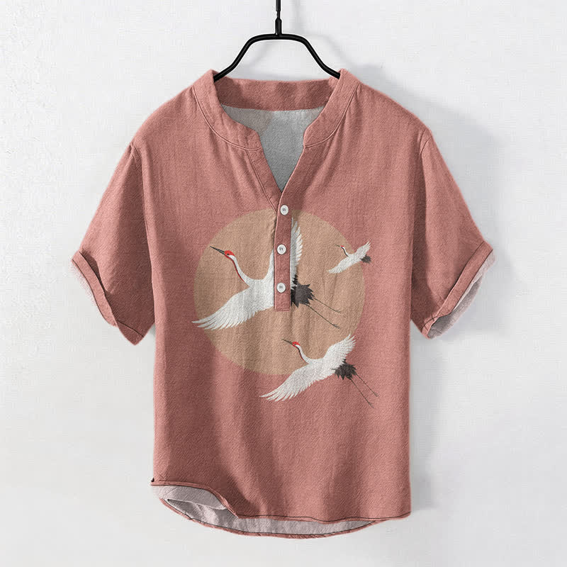 Buddha Stones 綿素材、赤のクラウンクレーン柄、メンズ半袖ハーフボタンシャツ - ライトコーラル - US/UK/AU50、EU60（5XL） - image 0