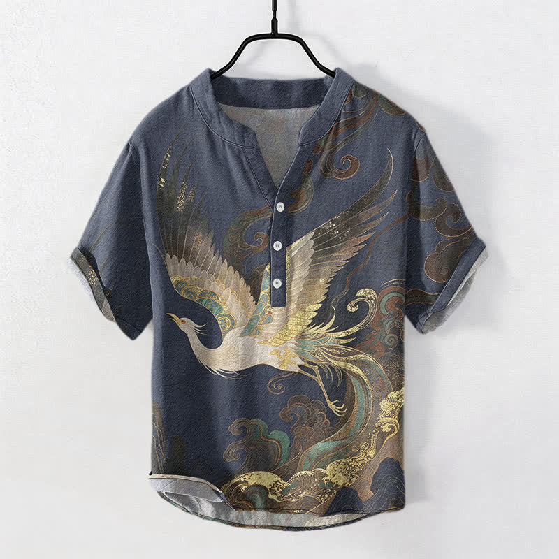 Buddha Stones 綿素材、金色の鶴の波模様、メンズ半袖ハーフボタンシャツ - 海軍 - US/UK/AU50、EU60（5XL） - image 0