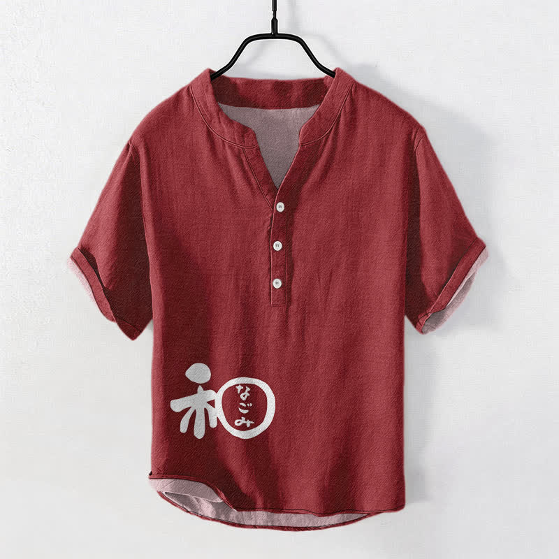 Buddha Stones コットン製 Wa クレスト スクリプト柄 メンズ 半袖 ハーフボタンシャツ - マルーン - US/UK/AU50、EU60（5XL） - image 0