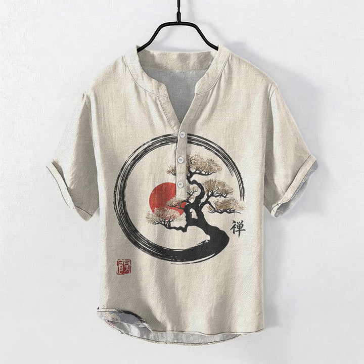 Buddha Stones コットン製、禅墨盆栽太陽柄メンズ半袖ハーフボタンシャツ - リネン - US/UK/AU50、EU60（5XL） - image 0