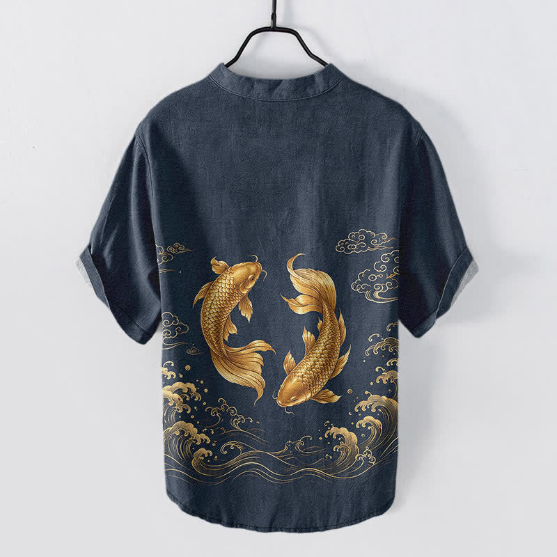 Buddha Stones 鯉メンズ半袖ハーフボタンシャツ - image 1