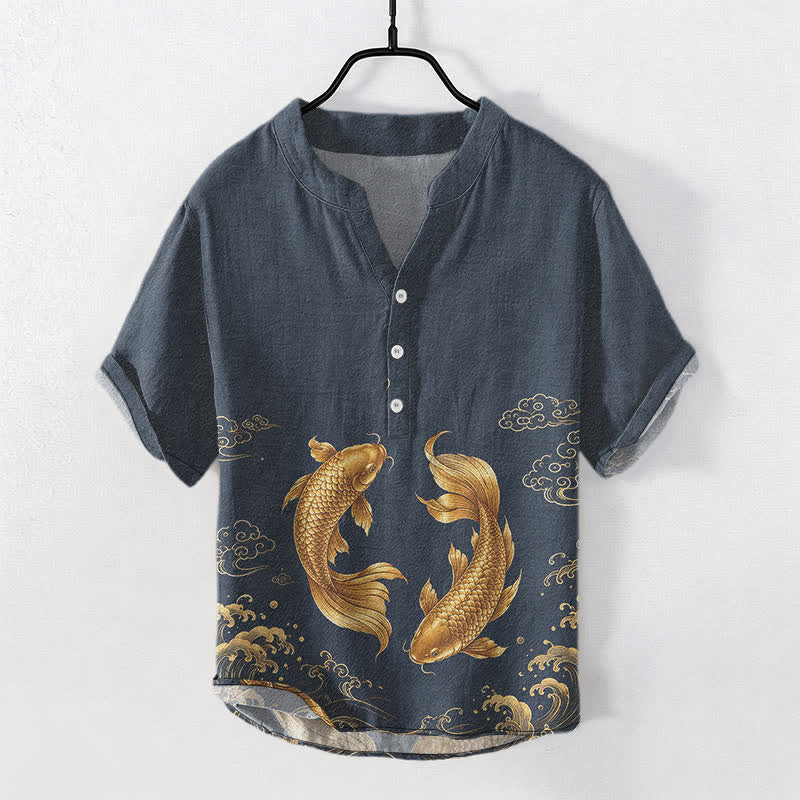 Buddha Stones 鯉メンズ半袖ハーフボタンシャツ - ミッドナイトブルー - US/UK/AU50、EU60（5XL） - image 0
