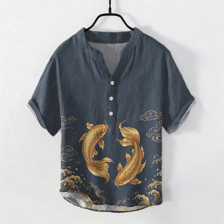 Buddha Stones 鯉メンズ半袖ハーフボタンシャツ - ミッドナイトブルー - US/UK/AU50、EU60（5XL） - image 0