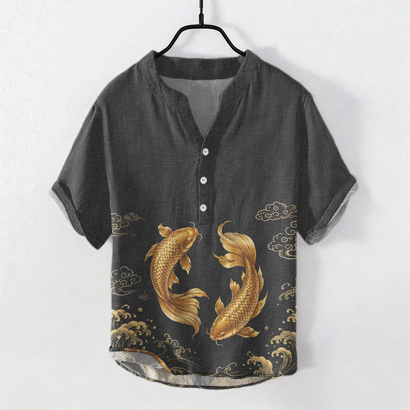 Buddha Stones 鯉メンズ半袖ハーフボタンシャツ - 黒 - US/UK/AU50、EU60（5XL） - image 5