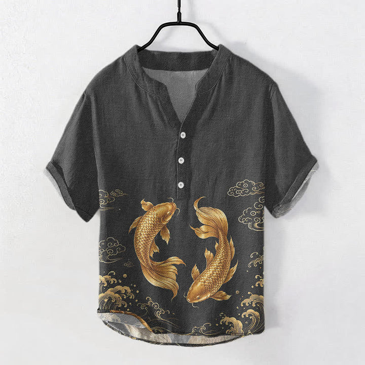 Buddha Stones 鯉メンズ半袖ハーフボタンシャツ - 黒 - US/UK/AU50、EU60（5XL） - image 5