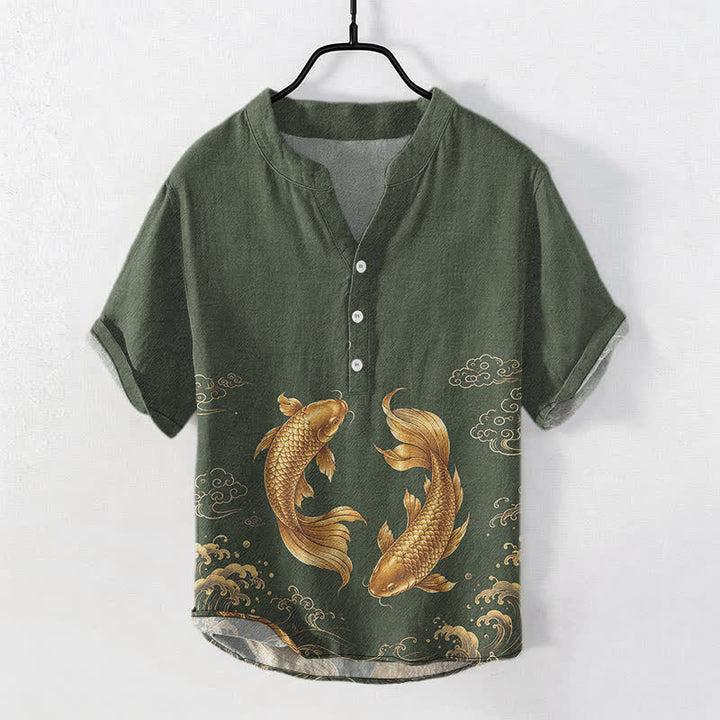 Buddha Stones 鯉メンズ半袖ハーフボタンシャツ - ダークオリーブグリーン - US/UK/AU50、EU60（5XL） - image 7