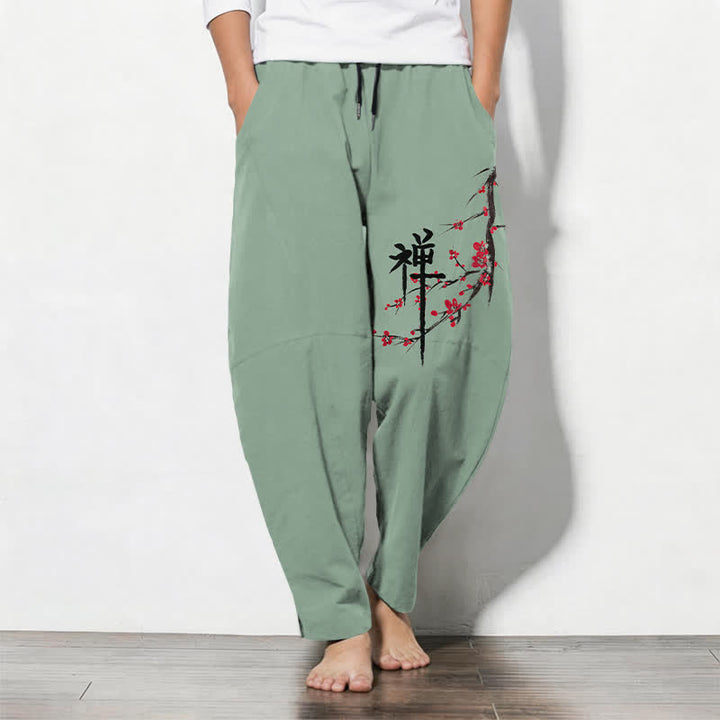 Buddha Stones 純綿素材、禅梅花柄、ドローストリング付きメンズテーパードパンツ（ポケット付き） - ダークシーグリーン - US/UK/AU50、EU60（5XL） - image 7
