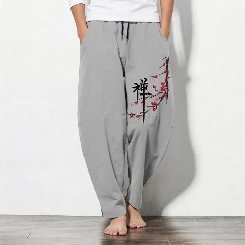 Buddha Stones 純綿素材、禅梅花柄、ドローストリング付きメンズテーパードパンツ（ポケット付き） - ライトグレー - US/UK/AU50、EU60（5XL） - image 11