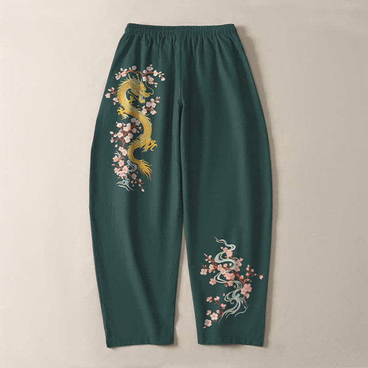 Buddha Stones 純綿ゴールデンドラゴンブロッサム柄ドローストリング付きメンズテーパードパンツ（ポケット付き） - image 3