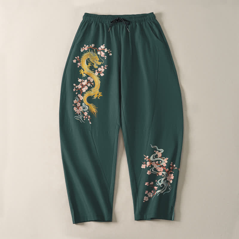 Buddha Stones 純綿ゴールデンドラゴンブロッサム柄ドローストリング付きメンズテーパードパンツ（ポケット付き） - image 2