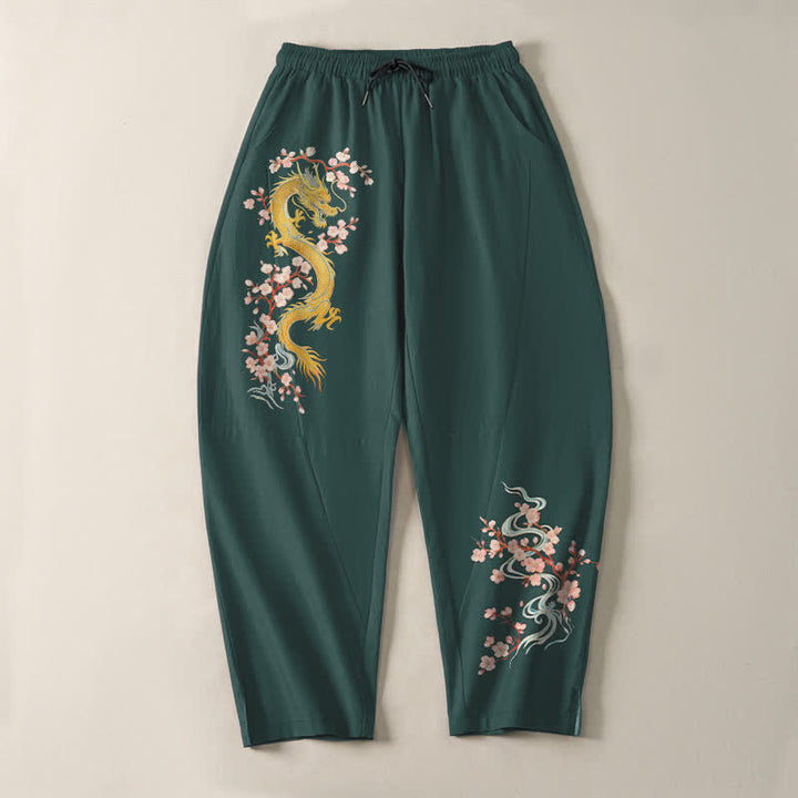 Buddha Stones 純綿ゴールデンドラゴンブロッサム柄ドローストリング付きメンズテーパードパンツ（ポケット付き） - image 2