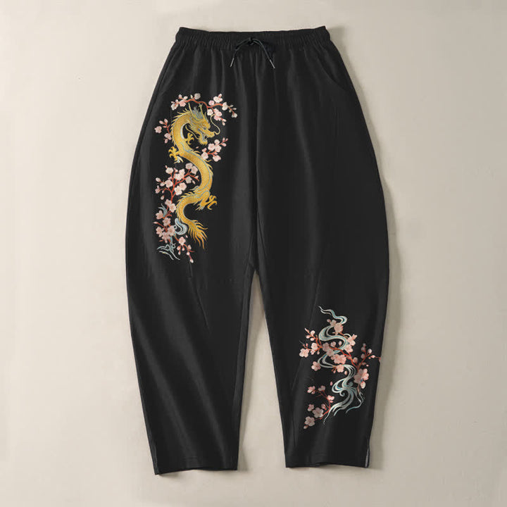 Buddha Stones 純綿ゴールデンドラゴンブロッサム柄ドローストリング付きメンズテーパードパンツ（ポケット付き） - image 9
