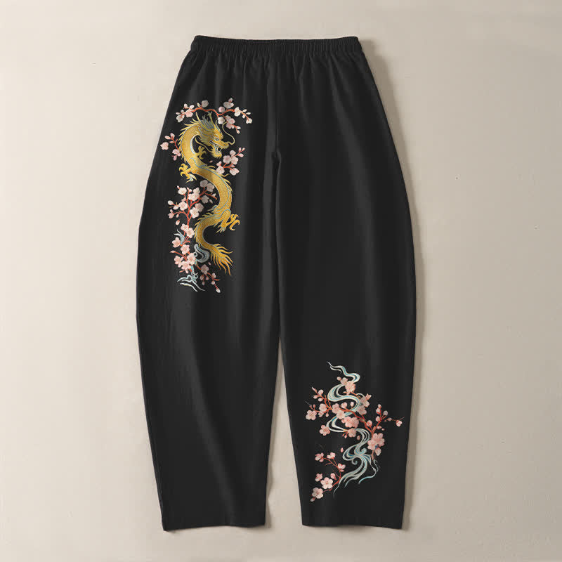 Buddha Stones 純綿ゴールデンドラゴンブロッサム柄ドローストリング付きメンズテーパードパンツ（ポケット付き） - image 10