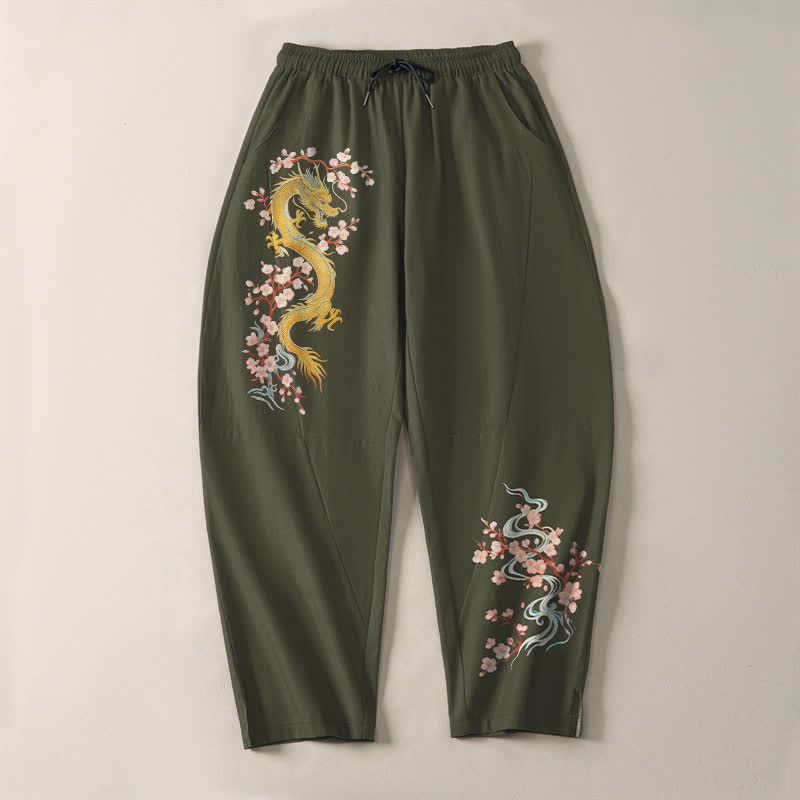 Buddha Stones 純綿ゴールデンドラゴンブロッサム柄ドローストリング付きメンズテーパードパンツ（ポケット付き） - image 13