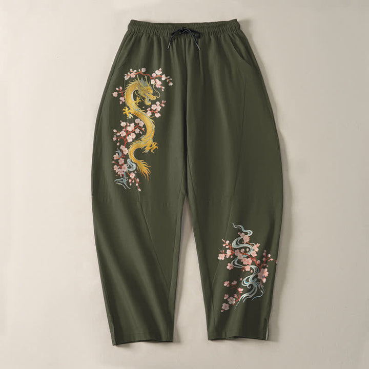 Buddha Stones 純綿ゴールデンドラゴンブロッサム柄ドローストリング付きメンズテーパードパンツ（ポケット付き） - image 13