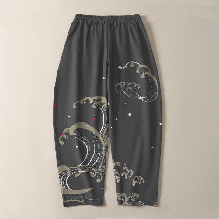 Buddha Stones 純綿オーシャンタイドウェーブ柄ドローストリング付きメンズテーパードパンツ（ポケット付き） - image 10