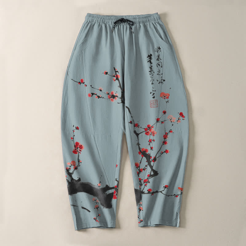Buddha Stones 純綿素材、書道梅花柄、ドローストリング付きメンズテーパードパンツ（ポケット付き） - image 9