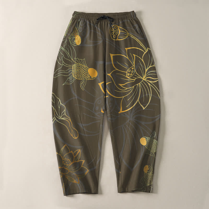 Buddha Stones 純綿ゴールデンロータス鯉柄ドローストリング付きメンズテーパードパンツ（ポケット付き） - image 13