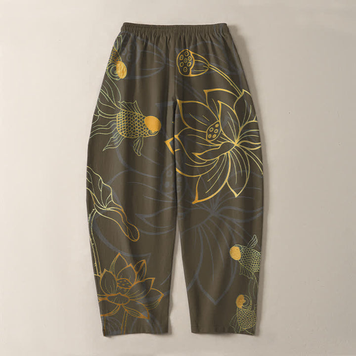 Buddha Stones 純綿ゴールデンロータス鯉柄ドローストリング付きメンズテーパードパンツ（ポケット付き） - image 14