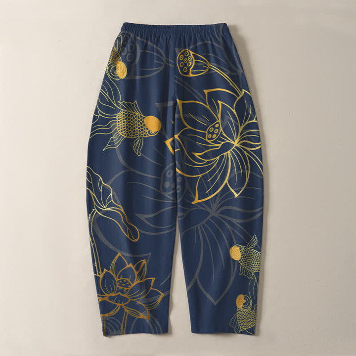 Buddha Stones 純綿ゴールデンロータス鯉柄ドローストリング付きメンズテーパードパンツ（ポケット付き） - image 10