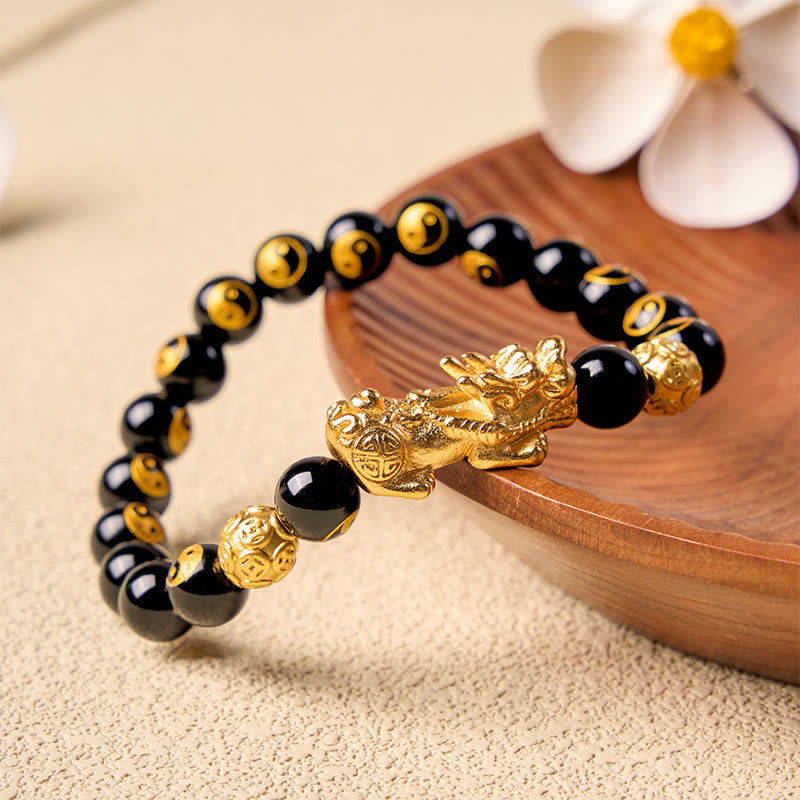 Buddha Stones ブラックオニキスと銅の貔貅ビーズの開運財運ブレスレット - image 1