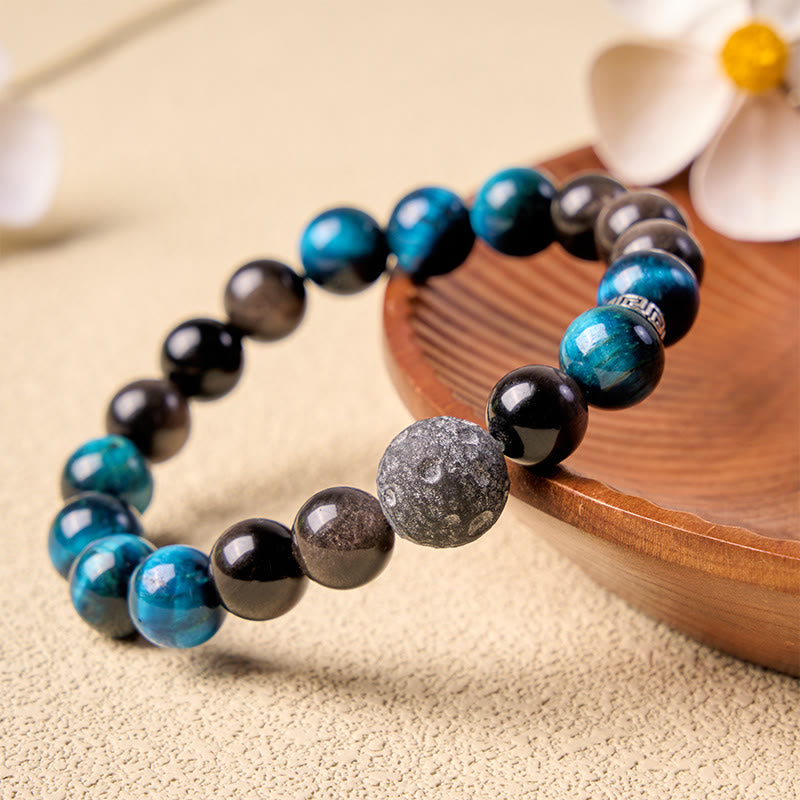 Buddha Stones ブルータイガーアイとシルバーの輝きを放つオブシディアンを使ったカップル向け幸運を呼ぶブレスレット - 10mm - image 0
