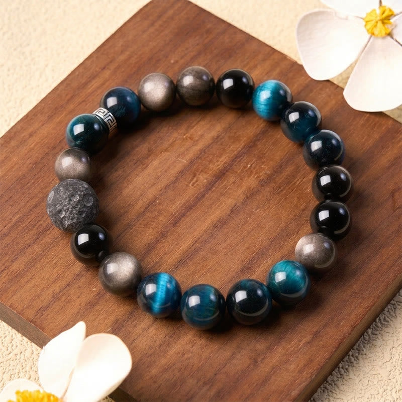 Buddha Stones ブルータイガーアイとシルバーの輝きを放つオブシディアンを使ったカップル向け幸運を呼ぶブレスレット - image 1