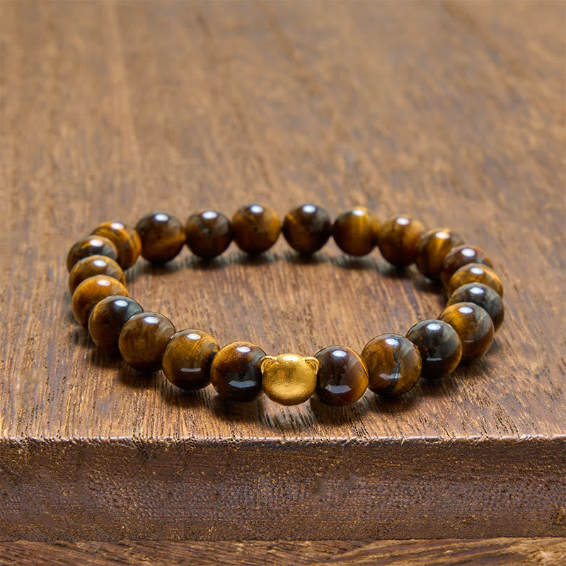 Buddha Stones タイガーアイの猫の頭をモチーフにした銅製の強さブレスレット - タイガーアイ（守護♥勇気） - image 0