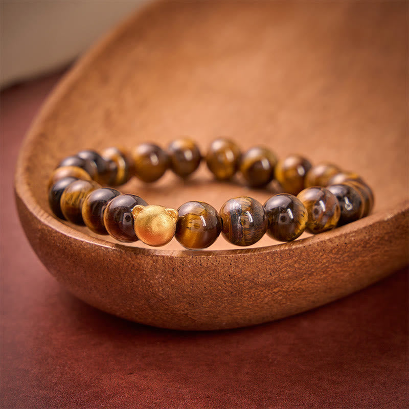 Buddha Stones タイガーアイの猫の頭をモチーフにした銅製の強さブレスレット - image 1