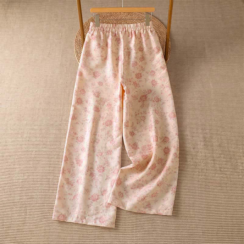 Buddha Stones 春夏カジュアルボヘミアンピンク花柄ロングパンツレディースワイドレッグパンツポケット付き - image 1
