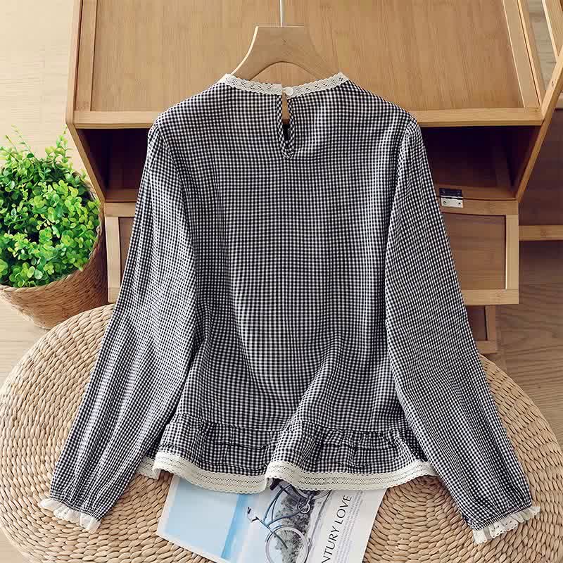 Buddha Stones 春秋ヴィンテージ風エレガントチェック柄レーストリムレディース長袖Tシャツ - image 1