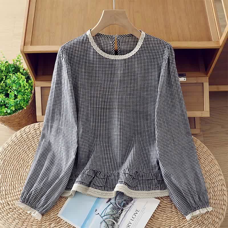 Buddha Stones 春秋ヴィンテージ風エレガントチェック柄レーストリムレディース長袖Tシャツ - スチールブルー - US8-10, UK/AU12-14, EU40-42 （2XL） - image 0