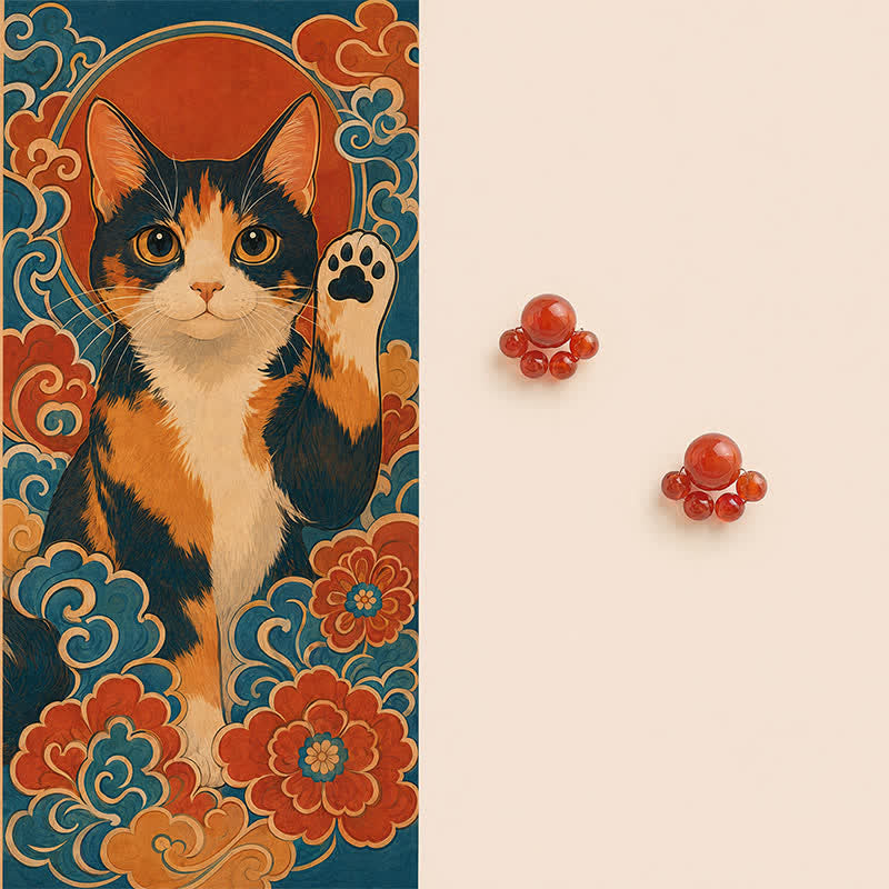 Buddha Stones レッドアゲート製ハンドメイド猫の足跡デザイン自信アップイヤリング - 赤瑪瑙（銅製ポスト） - image 0