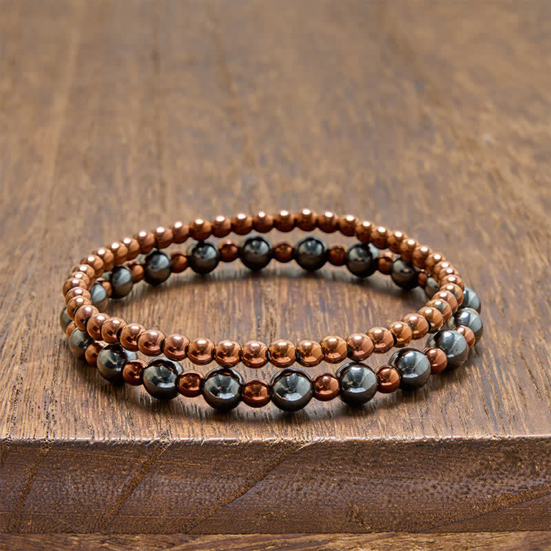 Buddha Stones ヘマタイトを使用したグラウンディング効果のあるミニマリストラウンドビーズブレスレット（2点セット） - 2点セット（手首周り：5.5～5.9インチ／14～15cm） - image 0