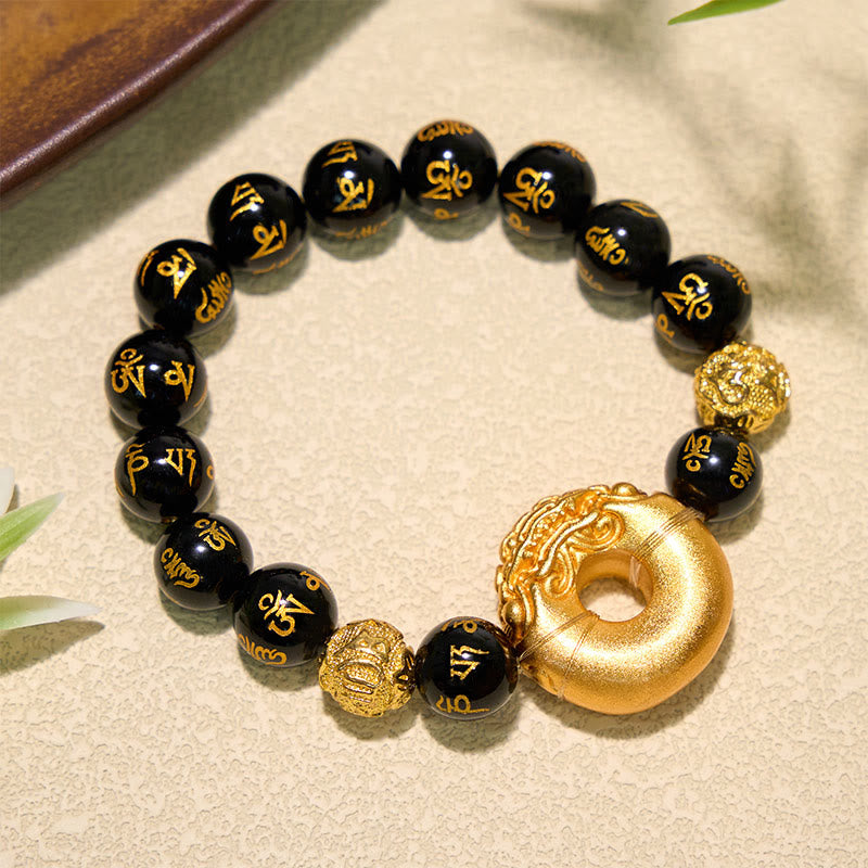 Buddha Stones 黒曜石の貔貅（ひきゅう）平和のお守りチャーム・オーム・マニ・パドメ・フム開運財運ブレスレット - image 1