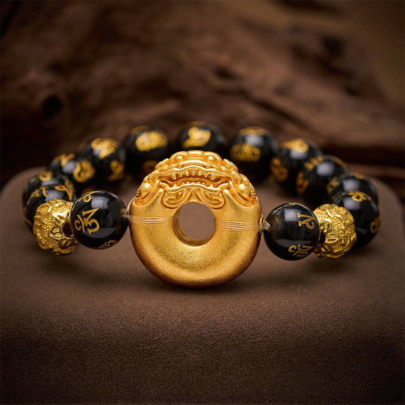 Buddha Stones 黒曜石の貔貅（ひきゅう）平和のお守りチャーム・オーム・マニ・パドメ・フム開運財運ブレスレット - 黒曜石（手首周り：17～18cm） - image 0