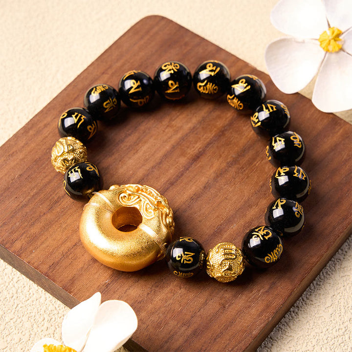 Buddha Stones 黒曜石の貔貅（ひきゅう）平和のお守りチャーム・オーム・マニ・パドメ・フム開運財運ブレスレット - image 4