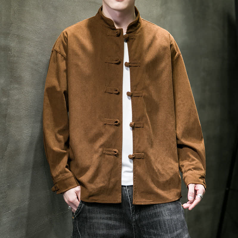 Buddha Stones 秋冬カジュアル唐草風カエルボタン無地コットンメンズジャケット - シエナ - US/UK/AU46、 EU56 (5XL) - image 0