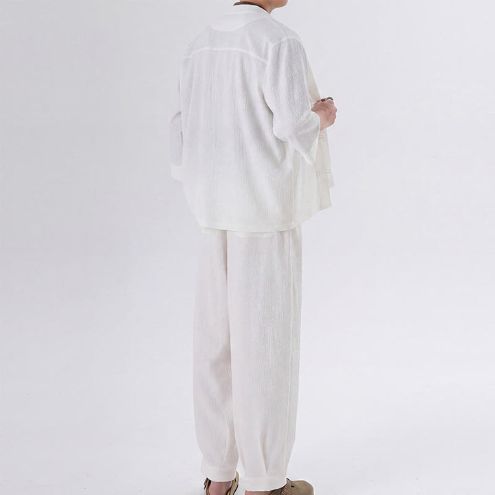 Buddha Stones 春の唐スタイル七分袖カエルボタン無地シャツパンツメンズ瞑想服ポケット付き2点セット - image 14