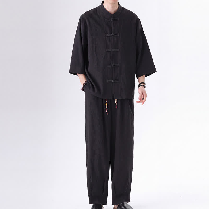 Buddha Stones 春の唐スタイル七分袖カエルボタン無地シャツパンツメンズ瞑想服ポケット付き2点セット - image 1