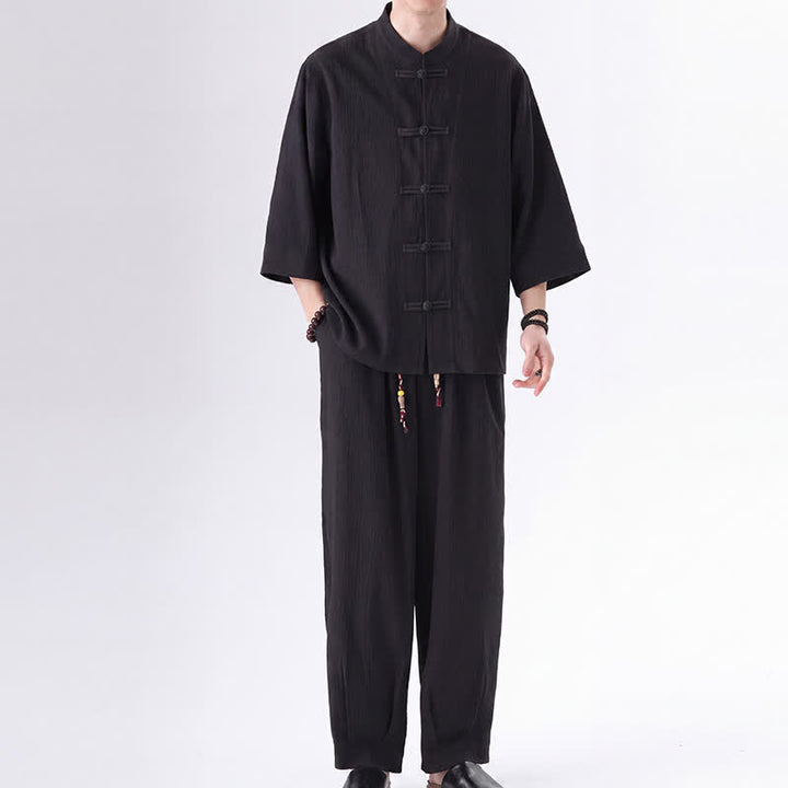 Buddha Stones 春の唐スタイル七分袖カエルボタン無地シャツパンツメンズ瞑想服ポケット付き2点セット - image 1