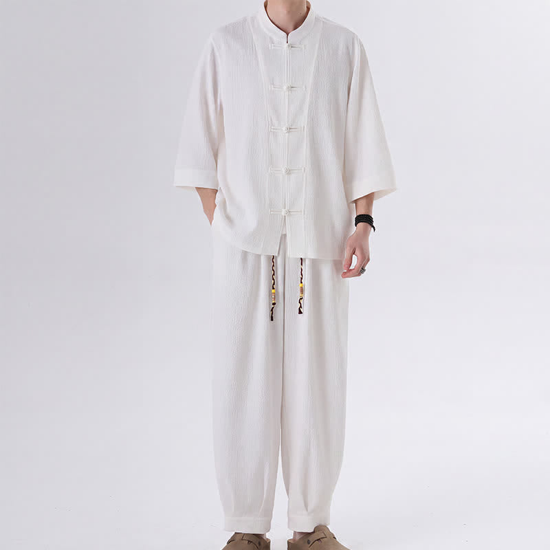 Buddha Stones 春の唐スタイル七分袖カエルボタン無地シャツパンツメンズ瞑想服ポケット付き2点セット - 白 - US/UK/AU46、 EU56 (5XL) - image 12