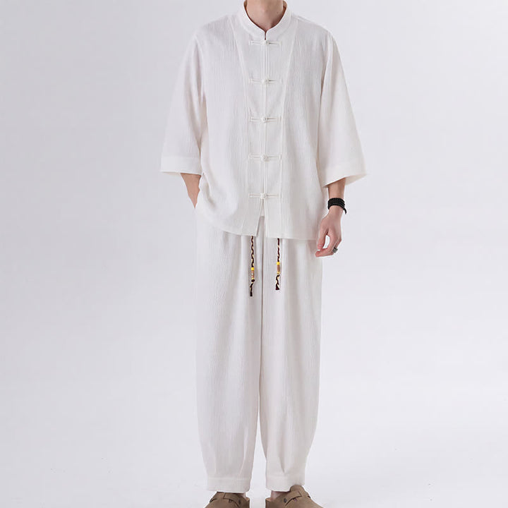 Buddha Stones 春の唐スタイル七分袖カエルボタン無地シャツパンツメンズ瞑想服ポケット付き2点セット - 白 - US/UK/AU46、 EU56 (5XL) - image 12