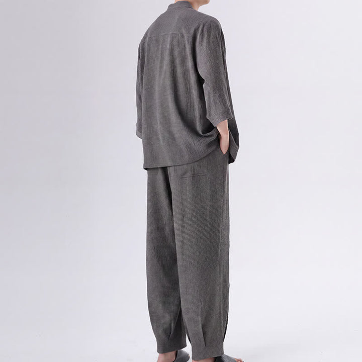 Buddha Stones 春の唐スタイル七分袖カエルボタン無地シャツパンツメンズ瞑想服ポケット付き2点セット - image 10