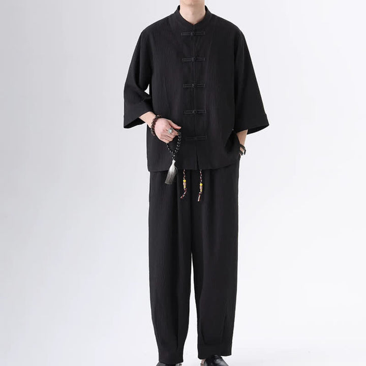 Buddha Stones 春の唐スタイル七分袖カエルボタン無地シャツパンツメンズ瞑想服ポケット付き2点セット - 黒 - US/UK/AU46、 EU56 (5XL) - image 0